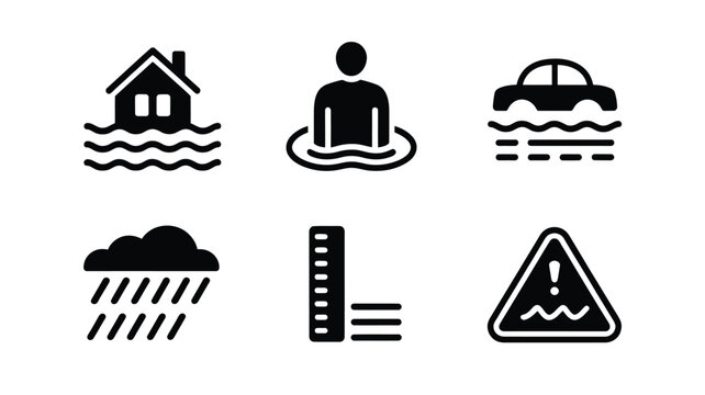 Simple black icons depicting flooding weather and warning signs