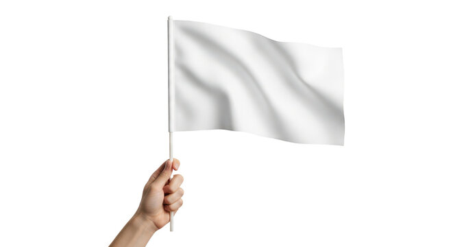 Hand holding a small waving white blank flag for mockup. Isolated on transparent background, png