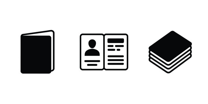 Simple black icons depicting a closed book open passport and stacked papers