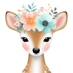 Naklejka premium Cute illustrated fawn with floral crown on white background