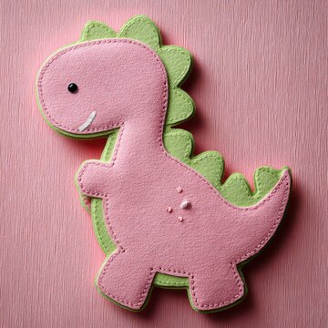 Pink and Green Felt Dinosaur Applique on Textured Background Studio Shot