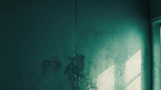 Stark window light creating grid patterns and casting bright shadows across an old. Dirty. And decaying teal green wall with peeling paint and rough textures. Conveying concepts of isolation and time