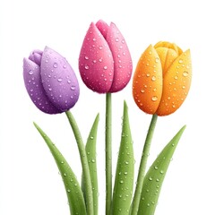 Fototapeta premium Vibrant purple, pink, and orange tulips with dew on green stems isolated on white background
