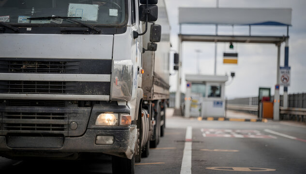 Truck at Border Crossing Inspection Point: Logistics, Trade, and Transportation Compliance Checkpoint for Freight, Delivery, and International Commerce in Europe