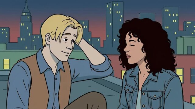 Animated scene of a Caucasian male and a Hispanic female sitting on a rooftop, engaged in conversation against a city skyline at dusk with colorful lights