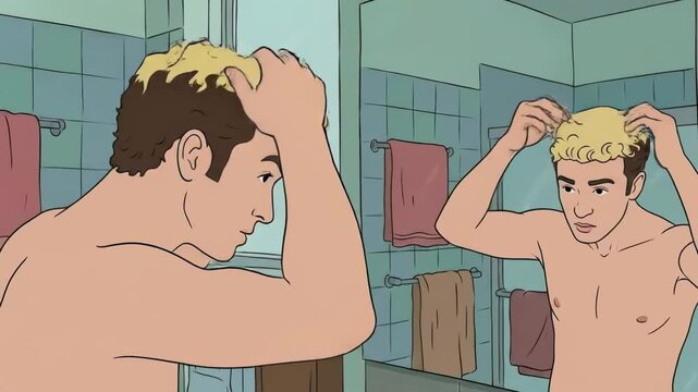 Male character with blonde hair styles his hair in front of a bathroom mirror, showing gradual changes in hairstyle and facial expression in a well-lit setting
