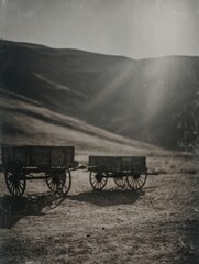 Naklejka premium Vintage Wooden Wagons Parked in Arid Hills Setting for Historical Reenactment and Educational Content with Antique Grainy Texture and Dramatic Light Flare