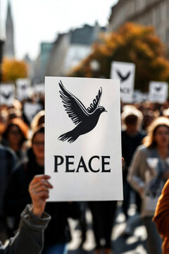 person holding a sign with a dove symbol and the text PEACE