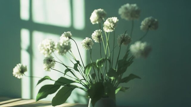 White globular flowers arranged in a minimalist vase receiving gentle sunlight, casting distinct window frame shadows onto the pale green wall and wooden surface, creating a peaceful scene