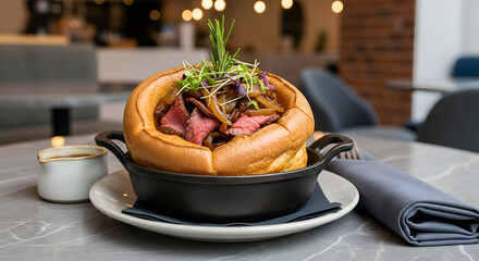 Contemporary café presentation of a classic Yorkshire pudding.