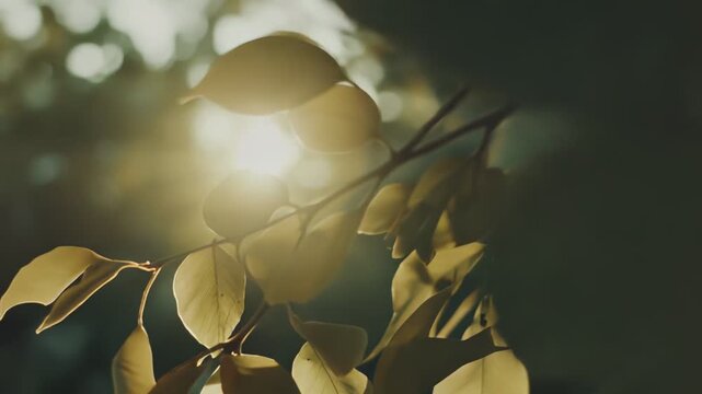 Green leaves on a tree branch backlit by the sun, creating a warm, soft, and glowing effect, symbolizing nature, growth, and tranquility with a peaceful atmosphere