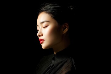 Fototapeta premium An elegant woman in her twenties, with her black hair tied up, wearing an elegant black dress, wearing red lipstick, exuding timeless charm and graceful elegance.