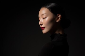 Fototapeta premium An elegant woman in her twenties, with her black hair tied up, wearing an elegant black dress, wearing red lipstick, exuding timeless charm and graceful elegance.
