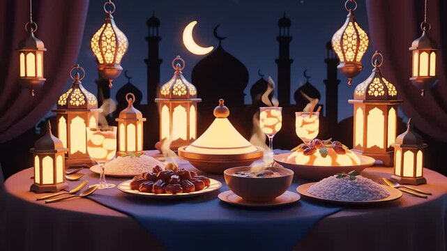 A beautifully set table awaits the breaking of the fast during Ramadan Iftar, featuring dates, rice, soup, and drinks illuminated by ornate lanterns against a mosque silhouette.