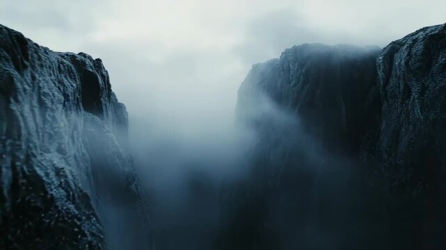 Deep chasm with rugged rock formations shrouded in thick, swirling mist, creating a dramatic and mysterious atmosphere across the imposing natural landscape