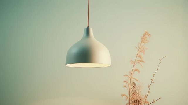 Minimalist pendant lamp hanging from a ceiling, providing warm ambient light in a modern interior with a soft green wall and dried decorative plant elements