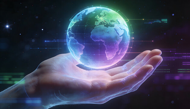 Futuristic Globe in Hand: A Vision of Global Connectivity and Innovation. Connecting the world, communication technologies, information era and global solutions