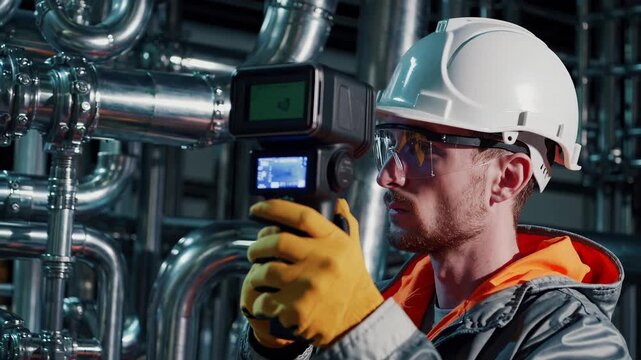 Technician conducts inspection on industrial piping system. Worker uses thermal camera for safety checks. Professional environment ensures quality control and operational efficiency.