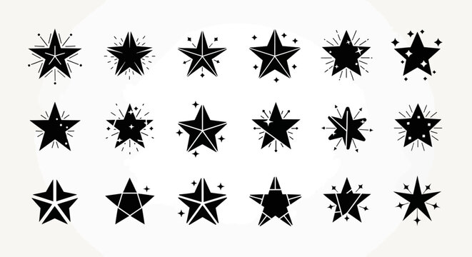 Variety of whimsical star icons showcasing different forms and decorative elements like sparkles