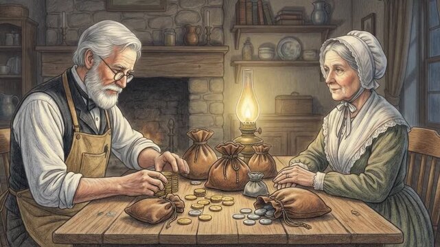 Elderly couple counting coins at wooden table in cozy interior with fireplace, oil lamp, and bags of money, showcasing a moment of financial discussion and collaboration