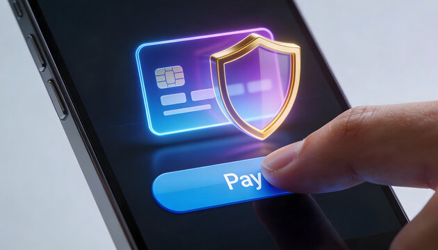 Secure Digital Payment: A Finger Taps a Glowing "Pay" Button on a Smartphone Display, Protected by a Shielded Credit Card, Signifying Safe and Easy Online Transactions