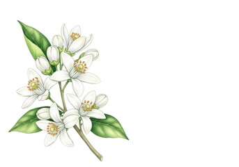 Fototapeta premium delicate watercolor botanical illustration of transparent orange blossoms, green buds, and glossy leaves on slender stems, isolated on transparent, serene floral elegance atmosphere