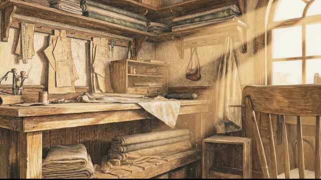 Cozy workshop interior with wooden furniture, sewing machine, and fabric rolls illuminated by sunlight streaming through the window, creating a warm atmosphere