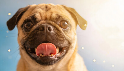 Obraz premium Happy Pug Dog Portrait: A cheerful pug with its tongue out, radiating joy and playfulness, a perfect visual for heartwarming moments and pet-related content