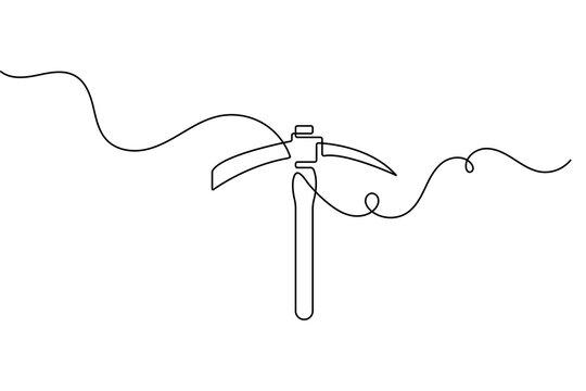 One line drawing of a pickaxe icon featuring minimalist style and isolated outline vector illustration