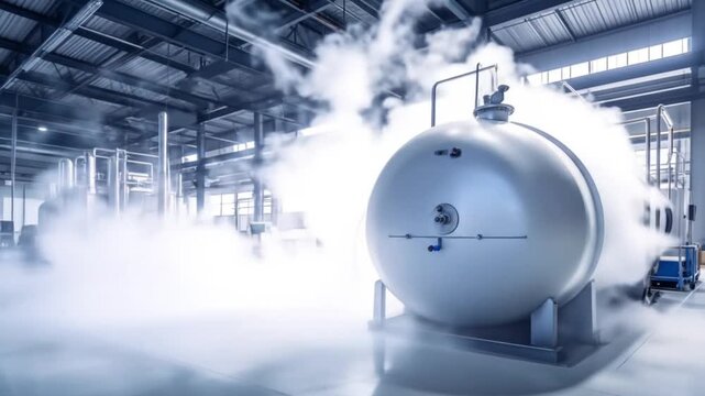 Large storage tank emitting vapor in industrial warehouse setting