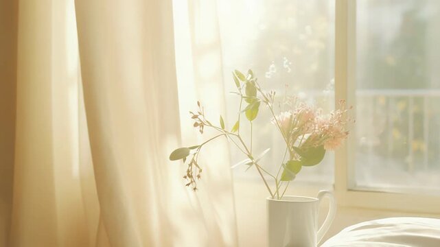 White mug holding delicate flowers sitting on a soft bed, basking in gentle morning sunlight streaming through a window and light curtains, creating a serene and peaceful atmosphere