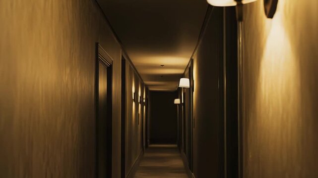 Empty hotel corridor bathed in warm sconce light, long perspective of doors and vertical lines leading into shadow, quiet, modern atmosphere of solitude and mystery