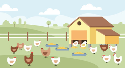 Fototapeta premium Sunny farmyard scene with chickens roaming near a coop and feeding trough.