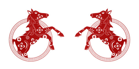 Happy Chinese new year 2026 , modern design set in red, gold and white colors , Year of the horse zodiac , Asia oriental traditional ornament, frame and border ,	
