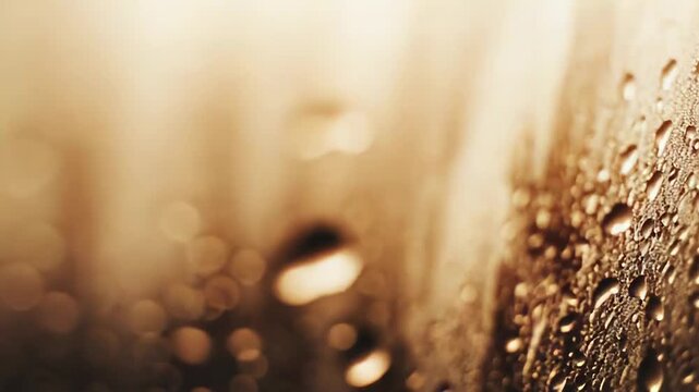 Dewy water droplets on a textured surface catch warm golden light, forming a shimmering, abstract bokeh pattern of condensation and moist, luminous detail