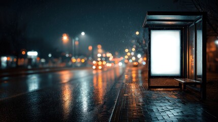 Obraz premium Mockup of Bus Stop Lightbox With Empty Poster Area in the Rain at Night on a Busy Street