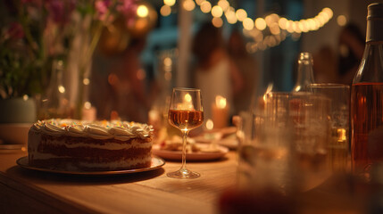 Obraz premium Birthday Party Table with Cake, Drinks, and Festive Lights