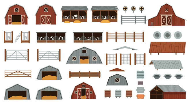 Collection of red barns, sheds, fences, and farmyard buildings in a rustic rural setting.