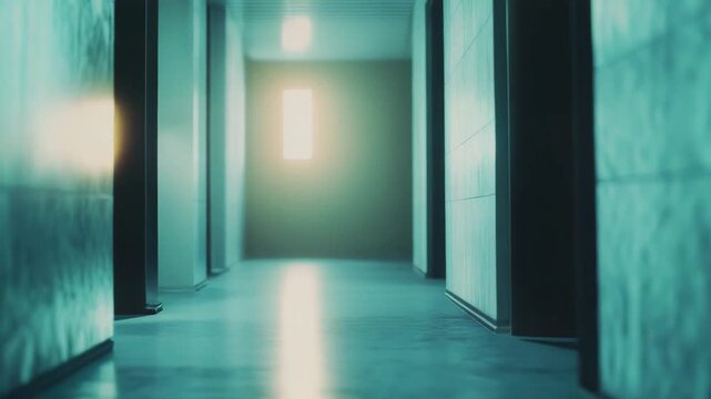 Long abstract corridor with a glowing light at the far end, strong perspective suggesting mystery, hope and progress toward an unknown future path or destination