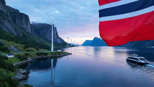Norwegian flag waving with wind turbines and boat in a serene fjord landscape at sunset Norway mountainous landscape