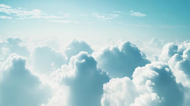 White fluffy cumulus clouds gently floating through a vast light blue sky, creating a serene and ethereal aerial view from high above the earth's surface