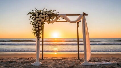 A beautiful wedding arch on a serene beach bathed in the glow of a sunset