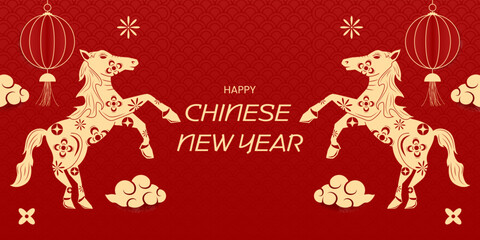 Happy Chinese new year 2026 , modern design set in red, gold and white colors , Year of the horse zodiac , Asia oriental traditional ornament, frame and border ,	
