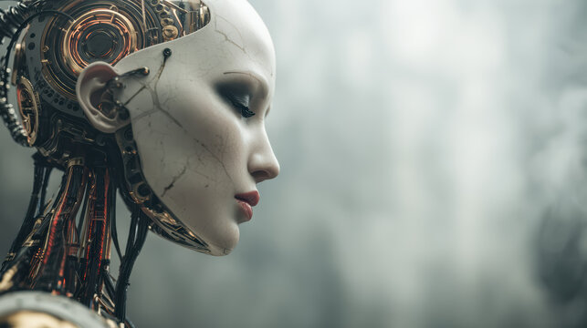 Futuristic android female robot cyberpunk portrait artificial intelligence humanoid machine sci fi concept advanced technology cybernetic detail
