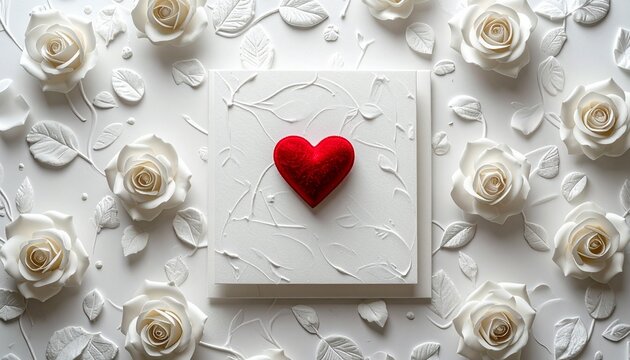 Biała kartka walentynkowa z wytłoczonym wzorem drobnych r&oacute;życzek na całej powierzchni i czerwonym serce na białej, kwadratowej kartce