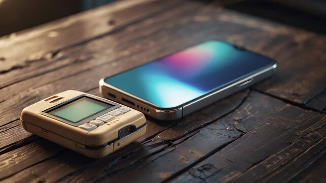 Comparison of old and new phones on a wooden table in low light setting