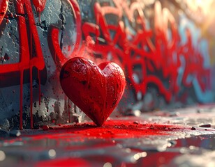 Czerwone serce na tle ściany z czerwonymi, chaotycznymi napisami w stylu graffiti
