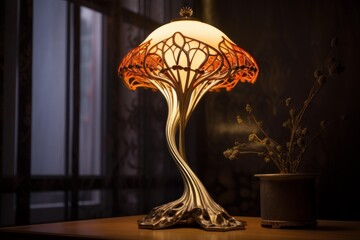 Art nouveau table lamp casting warm ambient light in a vintage styled room