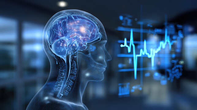 Human brain anatomy neuroscience medical scan digital hologram healthcare technology concept in hospital background