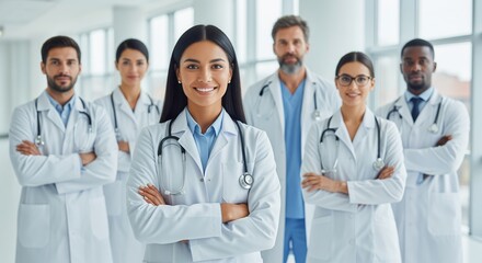 Fototapeta premium A diverse team of healthcare professionals in white coats poses confidently in a modern clinic. The lead doctor, a young woman, stands front center smiling while colleagues stand behind her.